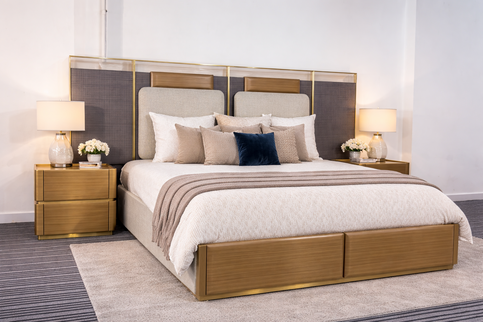 Modern Luxury Upholstered Bed with Gold Frame